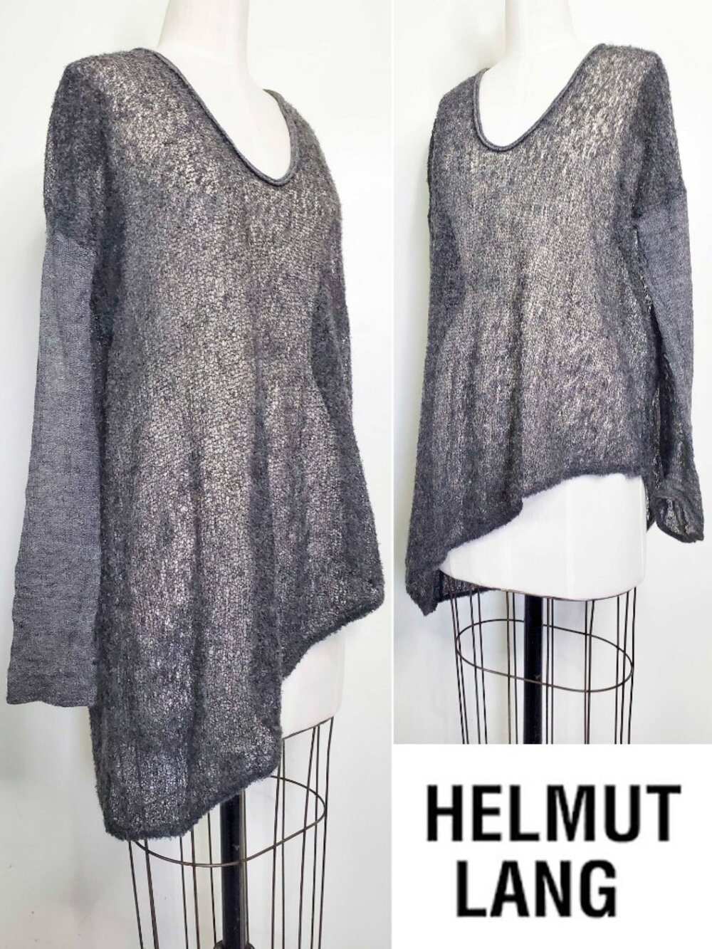Helmut Lang Gray Alpaca Blend Asymmetric Oversized Loose Knit Sweater Cardigan L